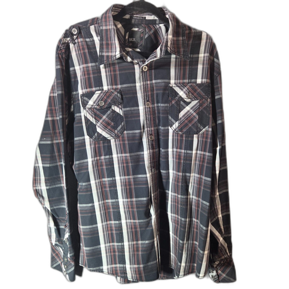 BKE Buckle Men's XL Athletic Fit Plaid Shirt Long Sleeve Shoulder Straps
